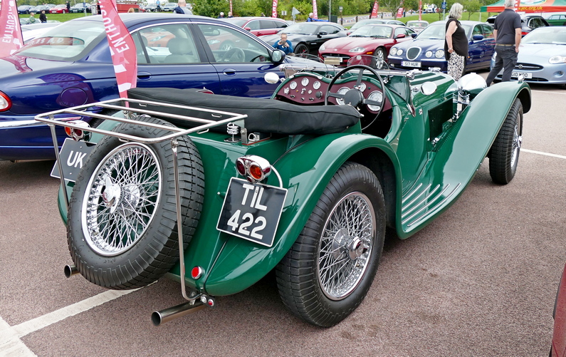 Green Jaguar SS100 at the British Motor Museum Sept. 2023. Rear.
